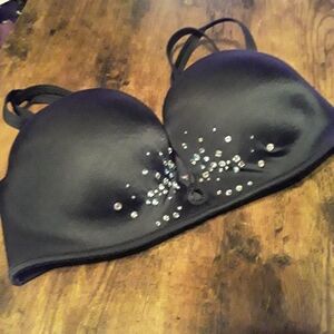 Victoria's Secret 32C Sexy Black Silver Rhinestones Padded underwire Push up Bra